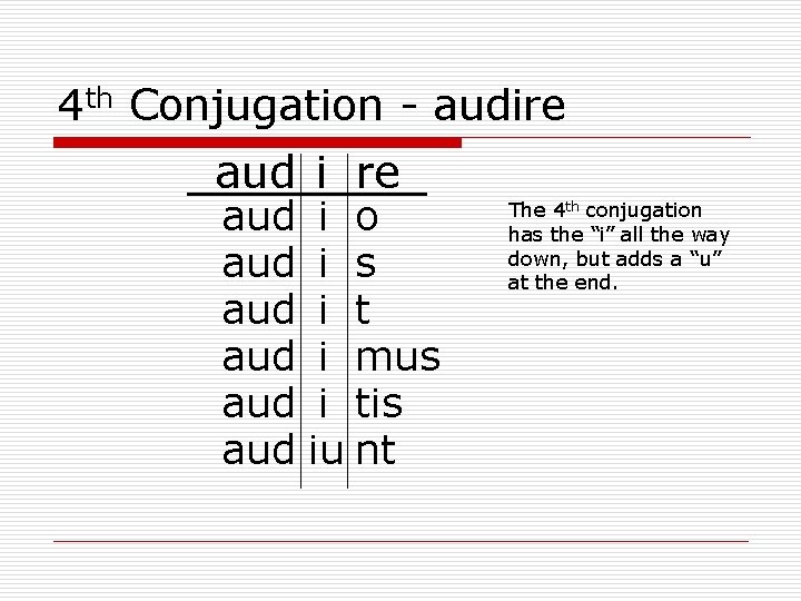 4 th Conjugation - audire aud i re aud aud aud i o i