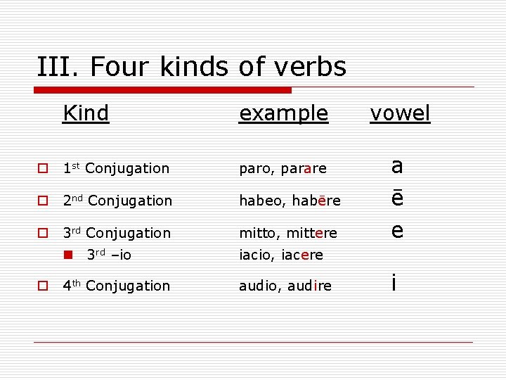 III. Four kinds of verbs Kind example o 1 st Conjugation paro, parare o