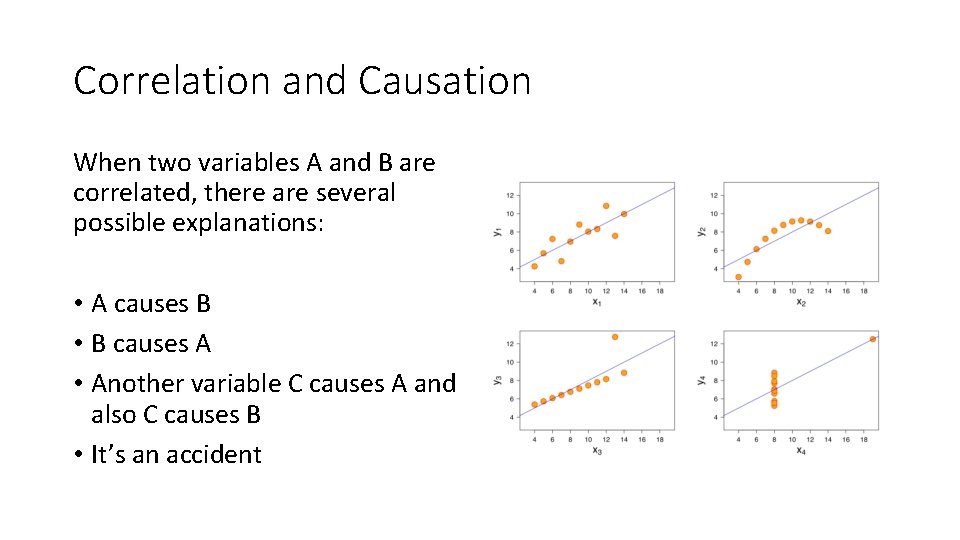 Correlation and Causation When two variables A and B are correlated, there are several