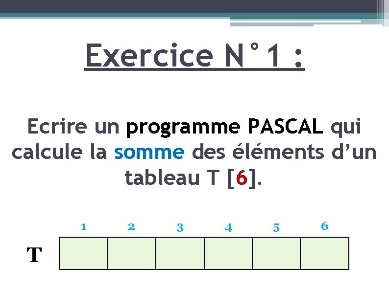 Exercice N° 1 : Ecrire un programme PASCAL qui calcule la somme des éléments