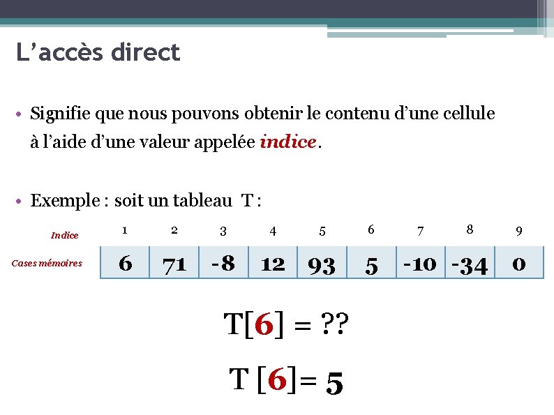 L’accès direct • Signifie que nous pouvons obtenir le contenu d’une cellule à l’aide