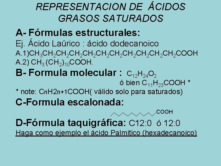 REPRESENTACION DE ÁCIDOS GRASOS SATURADOS A- Fórmulas estructurales: Ej. Ácido Laúrico : ácido dodecanoico