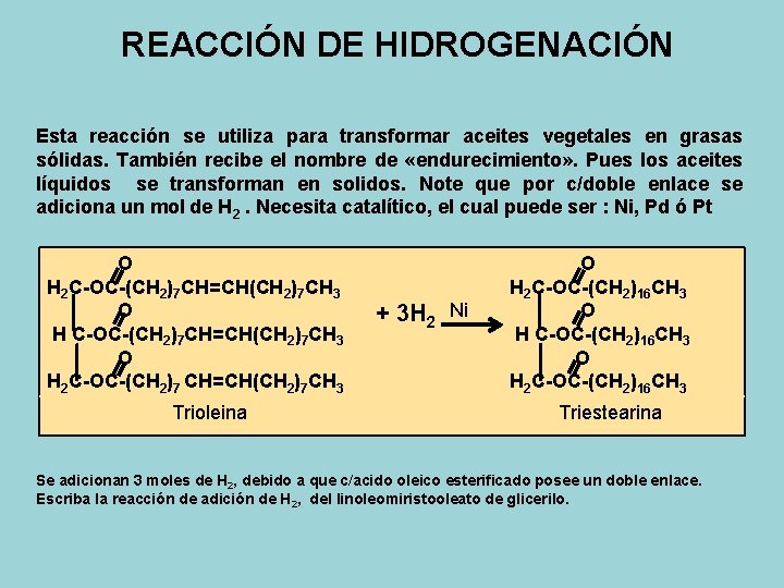 REACCIÓN DE HIDROGENACIÓN Esta reacción se utiliza para transformar aceites vegetales en grasas sólidas.