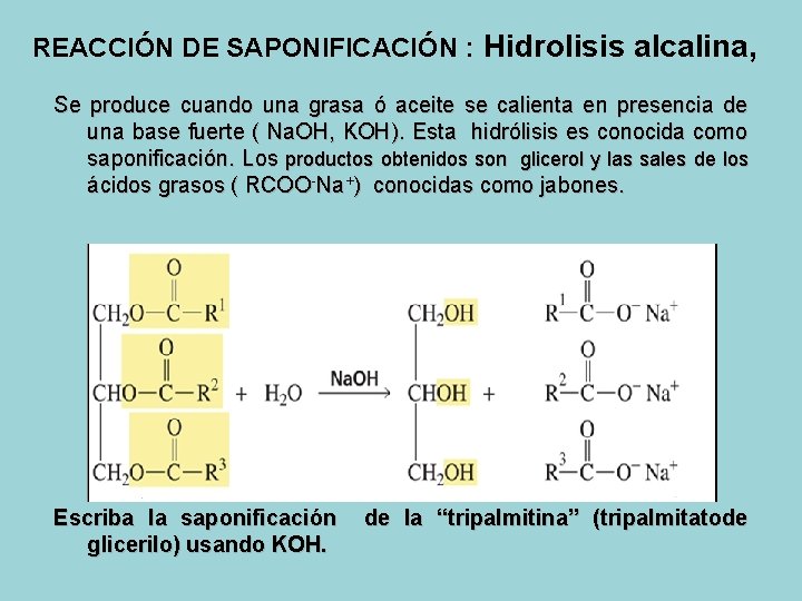 REACCIÓN DE SAPONIFICACIÓN : Hidrolisis alcalina, Se produce cuando una grasa ó aceite se