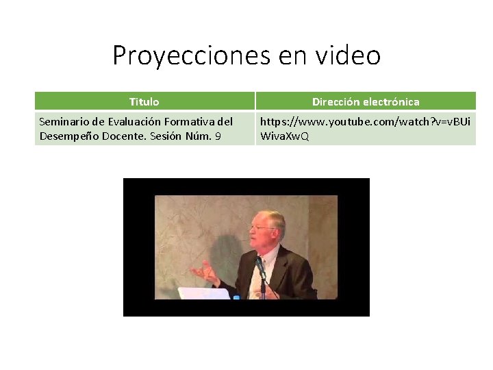Proyecciones en video Titulo Seminario de Evaluación Formativa del Desempeño Docente. Sesión Núm. 9