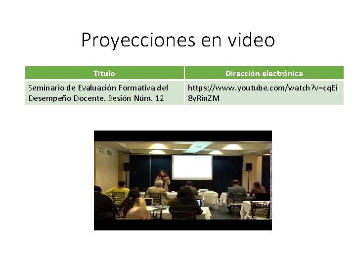 Proyecciones en video Titulo Seminario de Evaluación Formativa del Desempeño Docente. Sesión Núm. 12