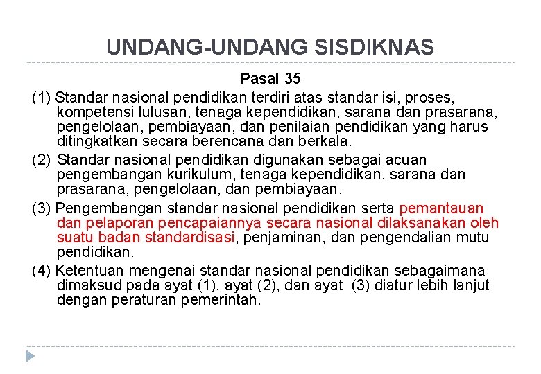 UNDANG-UNDANG SISDIKNAS Pasal 35 (1) Standar nasional pendidikan terdiri atas standar isi, proses, kompetensi