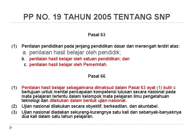 PP NO. 19 TAHUN 2005 TENTANG SNP Pasal 63 (1) Penilaian pendidikan pada jenjang