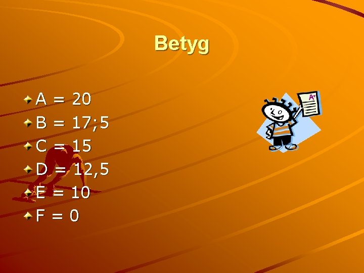 Betyg A = 20 B = 17; 5 C = 15 D = 12,