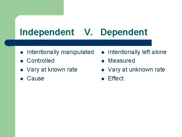 Independent l l V. Dependent Intentionally manipulated Controlled Vary at known rate Cause l