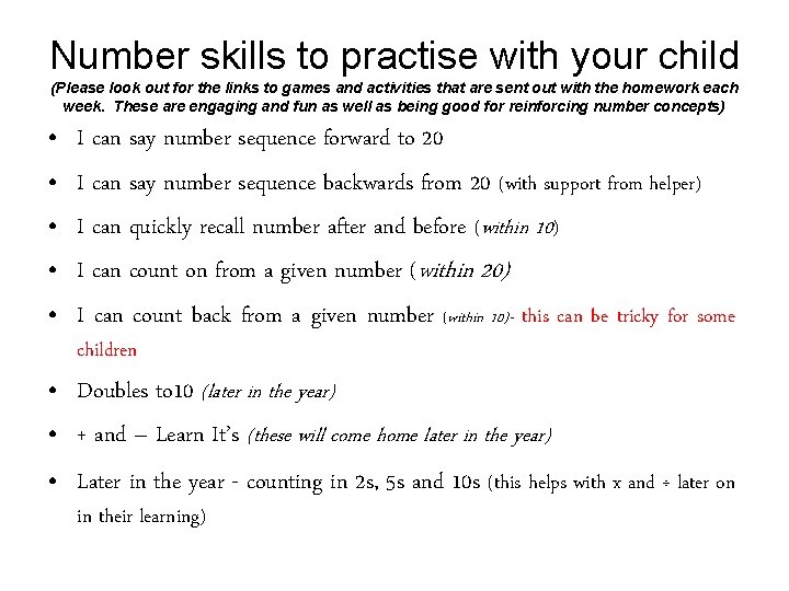 Number skills to practise with your child (Please look out for the links to