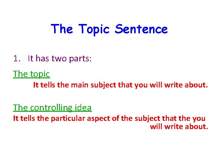 The Topic Sentence 1. It has two parts: The topic It tells the main