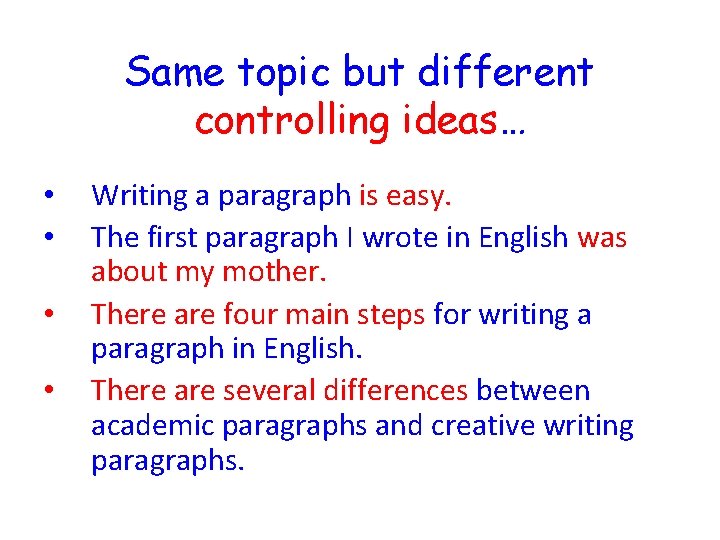 Same topic but different controlling ideas… • • Writing a paragraph is easy. The