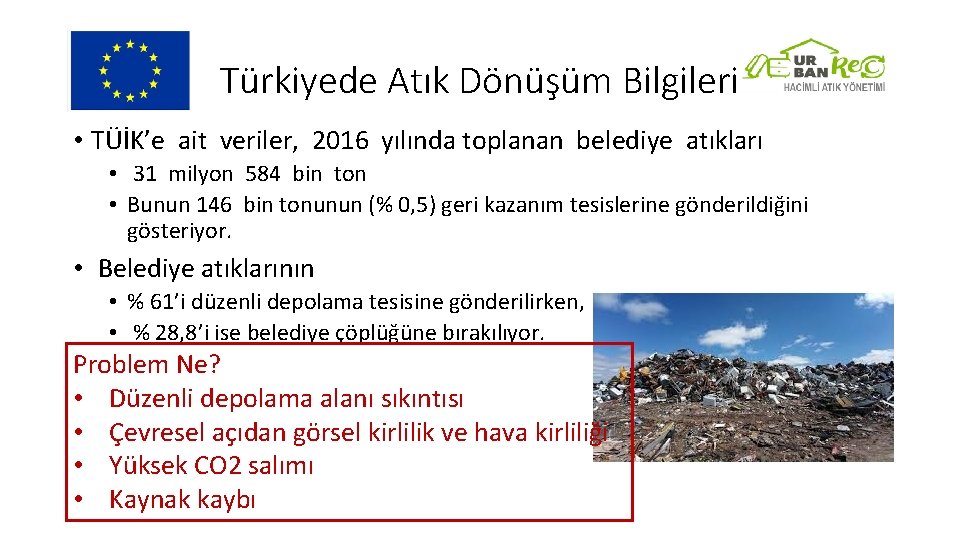 Türkiyede Atık Dönüşüm Bilgileri • TÜİK’e ait veriler, 2016 yılında toplanan belediye atıkları •