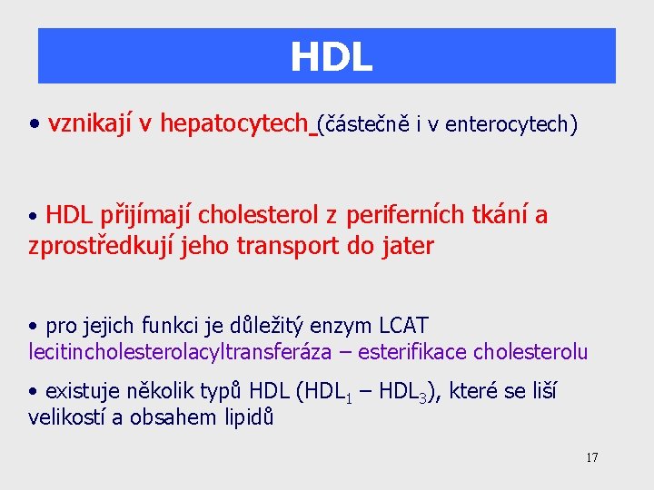 HDL • vznikají v hepatocytech (částečně i v enterocytech) • HDL přijímají cholesterol z