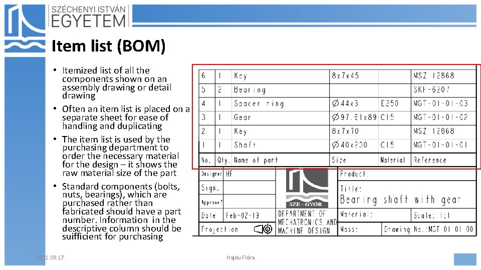 Item list (BOM) • Itemized list of all the components shown on an assembly
