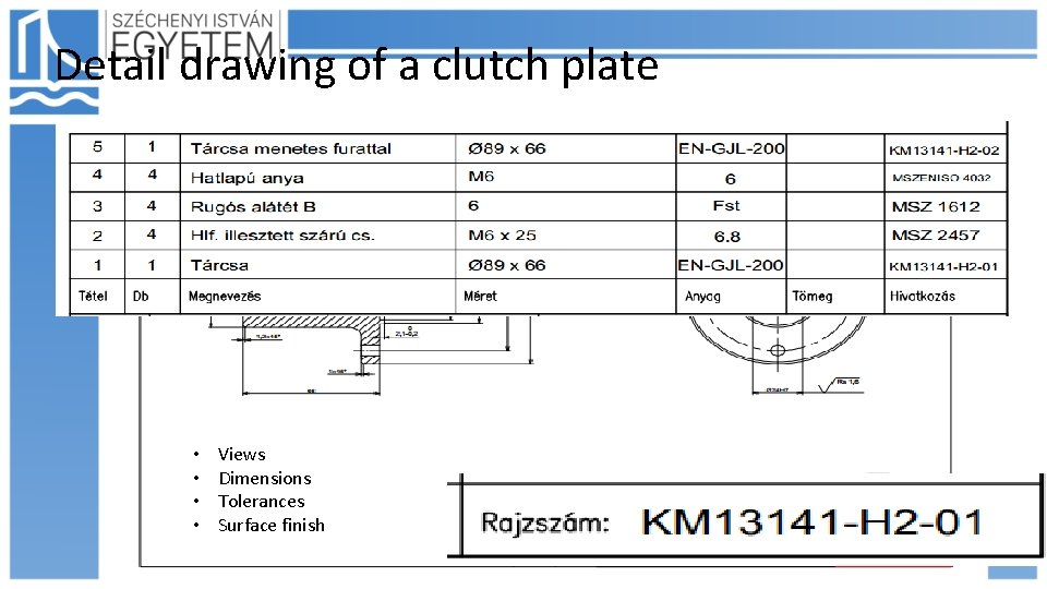 Detail drawing of a clutch plate • • Views Dimensions Tolerances Surface finish 