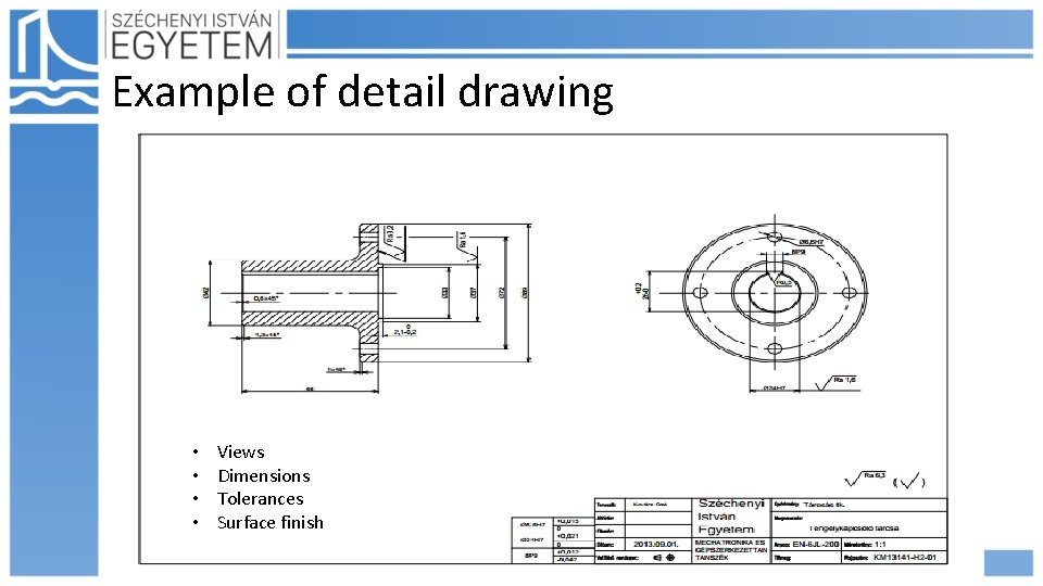 Example of detail drawing • • Views Dimensions Tolerances Surface finish 