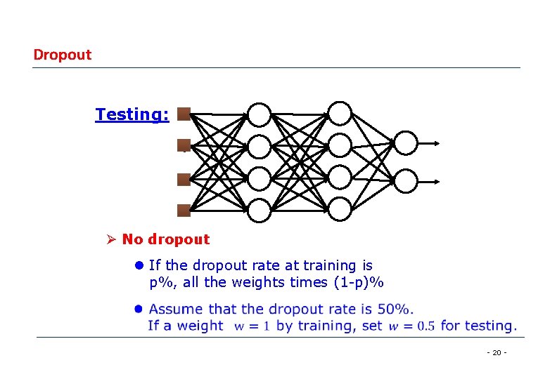 Dropout Testing: Ø No dropout l If the dropout rate at training is p%, Dropout Testing: Ø No dropout l If the dropout rate at training is p%,