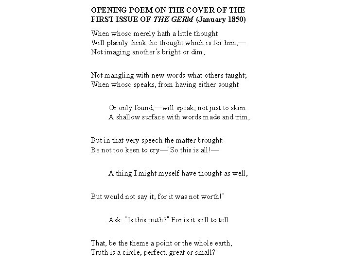 OPENING POEM ON THE COVER OF THE FIRST ISSUE OF THE GERM (January 1850)
