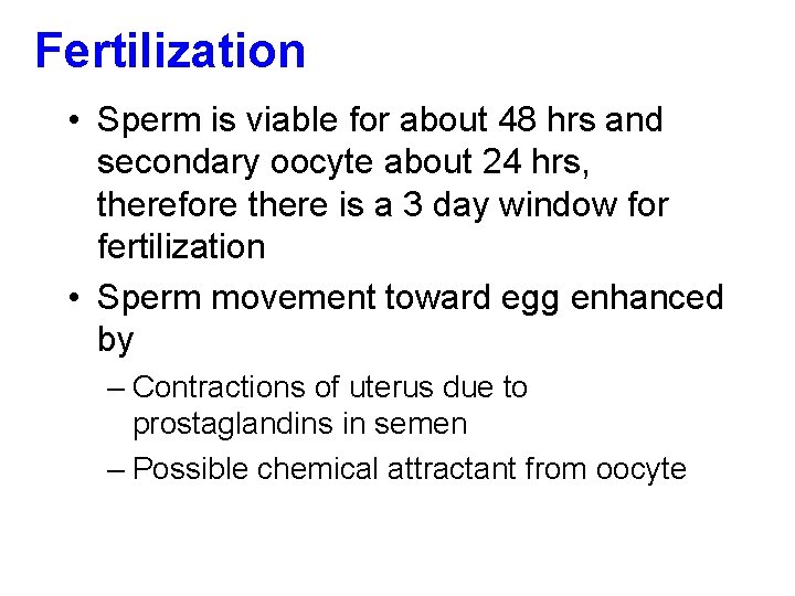 Fertilization • Sperm is viable for about 48 hrs and secondary oocyte about 24