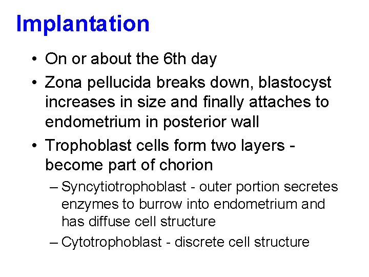 Implantation • On or about the 6 th day • Zona pellucida breaks down,