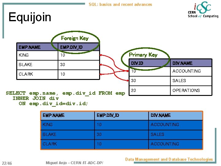 SQL: basics and recent advances Equijoin Foreign Key EMP. NAME EMP. DIV_ID KING 10
