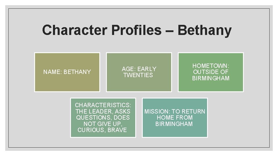 Character Profiles – Bethany NAME: BETHANY AGE: EARLY TWENTIES CHARACTERISTICS: THE LEADER, ASKS QUESTIONS,