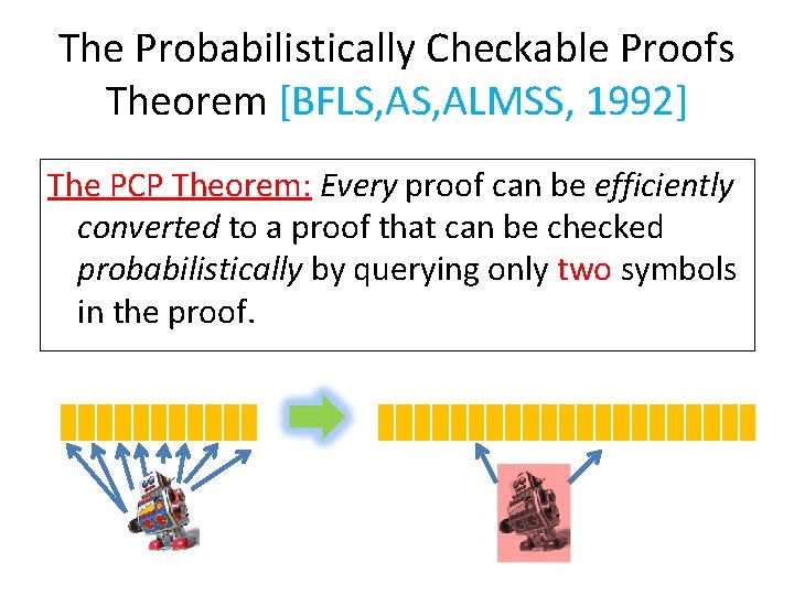 The Probabilistically Checkable Proofs Theorem [BFLS, ALMSS, 1992] The PCP Theorem: Every proof can