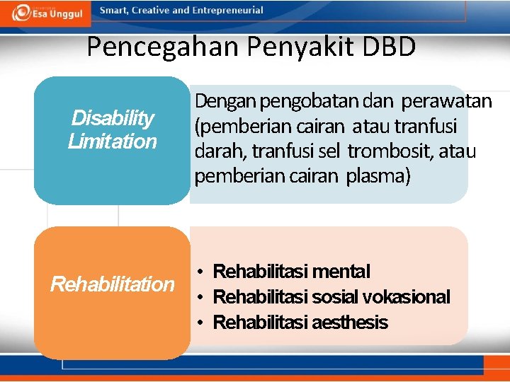 Pencegahan Penyakit DBD Disability Limitation Rehabilitation • Dengan pengobatan dan perawatan (pemberian cairan atau