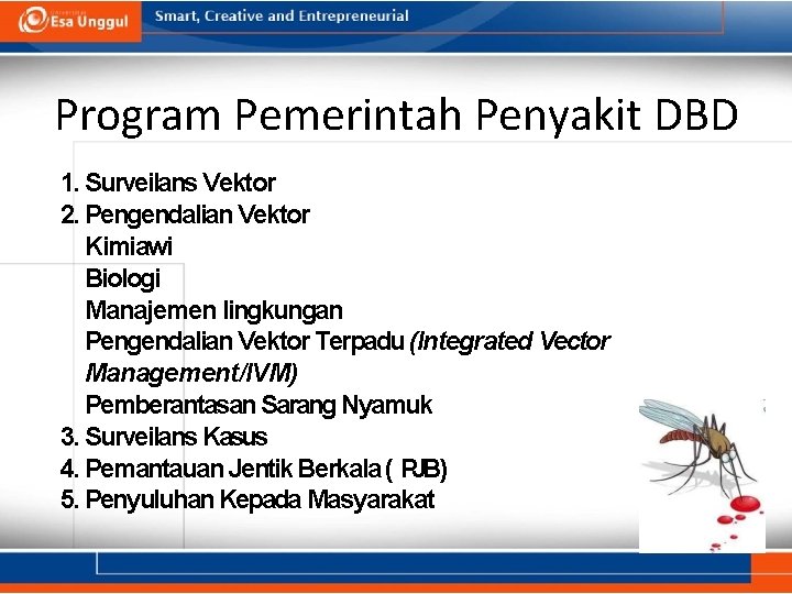 Program Pemerintah Penyakit DBD 1. Surveilans Vektor 2. Pengendalian Vektor Kimiawi Biologi Manajemen lingkungan