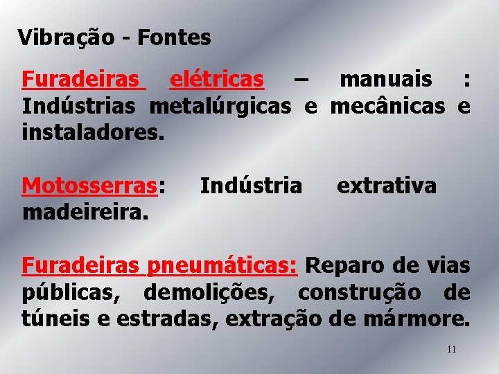 Vibração - Fontes Furadeiras elétricas – manuais : Indústrias metalúrgicas e mecânicas e instaladores.