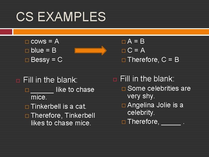 CS EXAMPLES � cows =A � blue = B � Bessy = C Fill