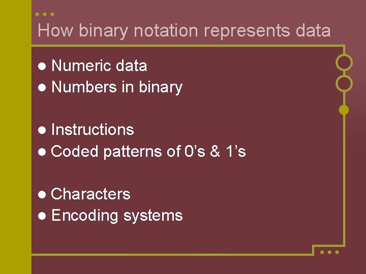 How binary notation represents data l Numeric data l Numbers in binary l Instructions