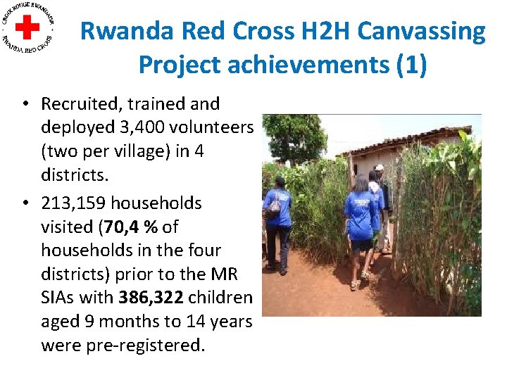 Rwanda Red Cross H 2 H Canvassing Project achievements (1) • Recruited, trained and