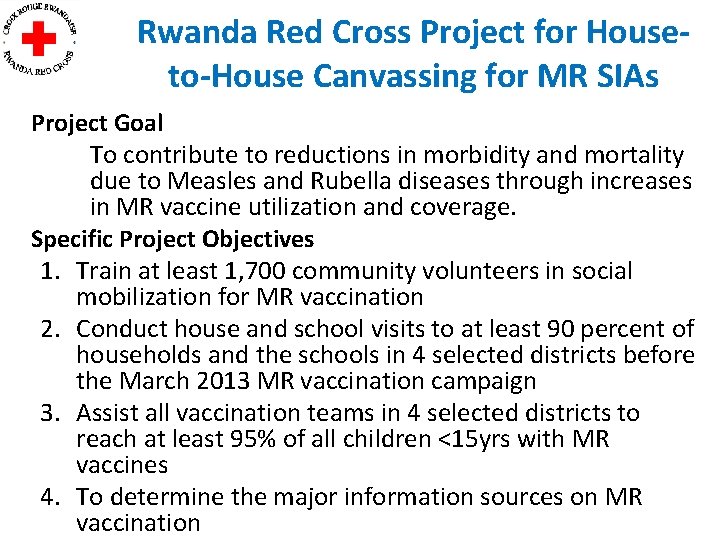 Rwanda Red Cross Project for Houseto-House Canvassing for MR SIAs Project Goal To contribute