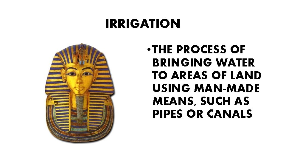 IRRIGATION • THE PROCESS OF BRINGING WATER TO AREAS OF LAND USING MAN-MADE MEANS,