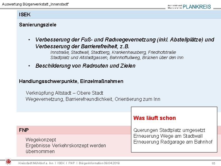 Auswertung Bürgerwerkstatt „Innenstadt“ ISEK Sanierungsziele • Verbesserung der Fuß- und Radwegevernetzung (inkl. Abstellplätze) und