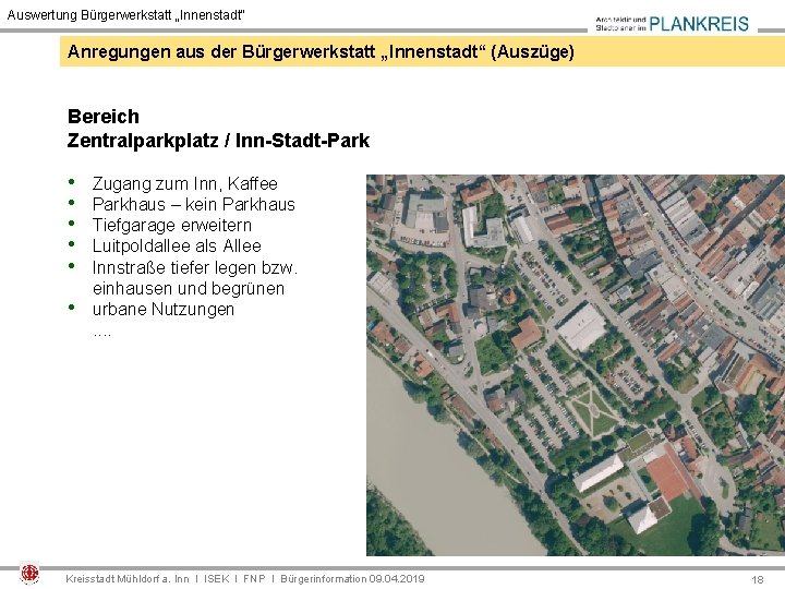 Auswertung Bürgerwerkstatt „Innenstadt“ Anregungen aus der Bürgerwerkstatt „Innenstadt“ (Auszüge) Bereich Zentralparkplatz / Inn-Stadt-Park •