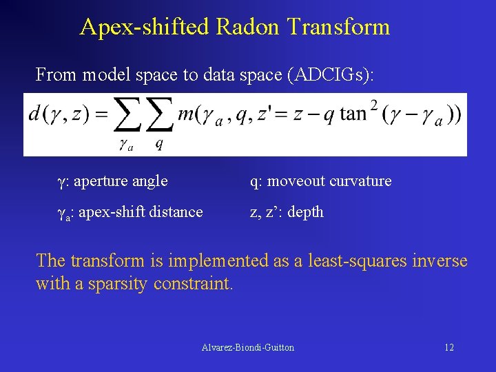 Apex-shifted Radon Transform From model space to data space (ADCIGs): γ: aperture angle q: