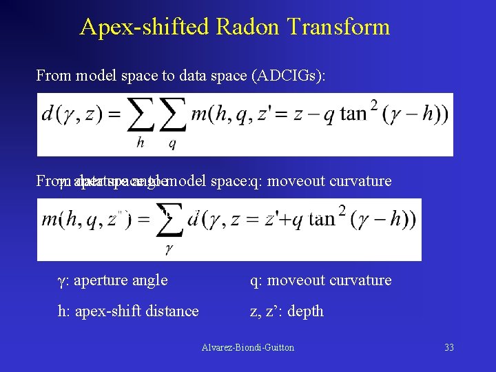 Apex-shifted Radon Transform From model space to data space (ADCIGs): From γ: aperture data