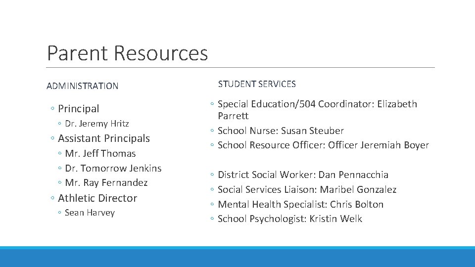 Parent Resources ADMINISTRATION ◦ Principal ◦ Dr. Jeremy Hritz ◦ Assistant Principals ◦ Mr.