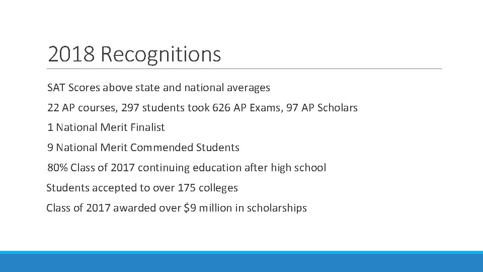 2018 Recognitions SAT Scores above state and national averages 22 AP courses, 297 students