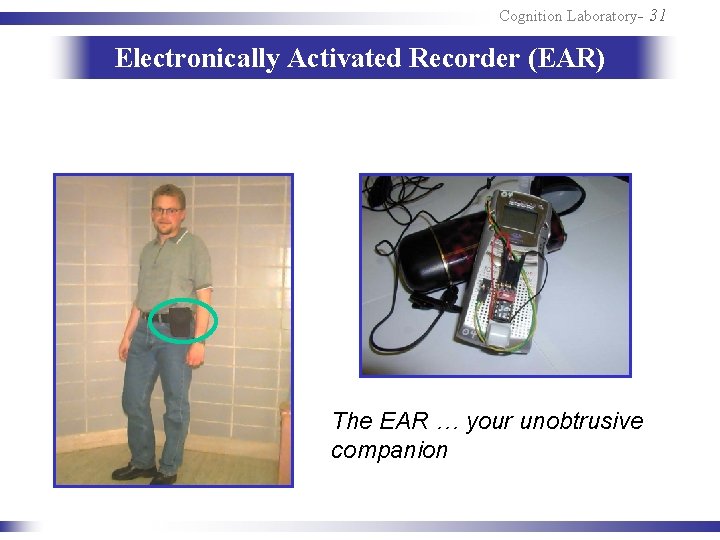 Cognition Laboratory- 31 Electronically Activated Recorder (EAR) The EAR … your unobtrusive companion 