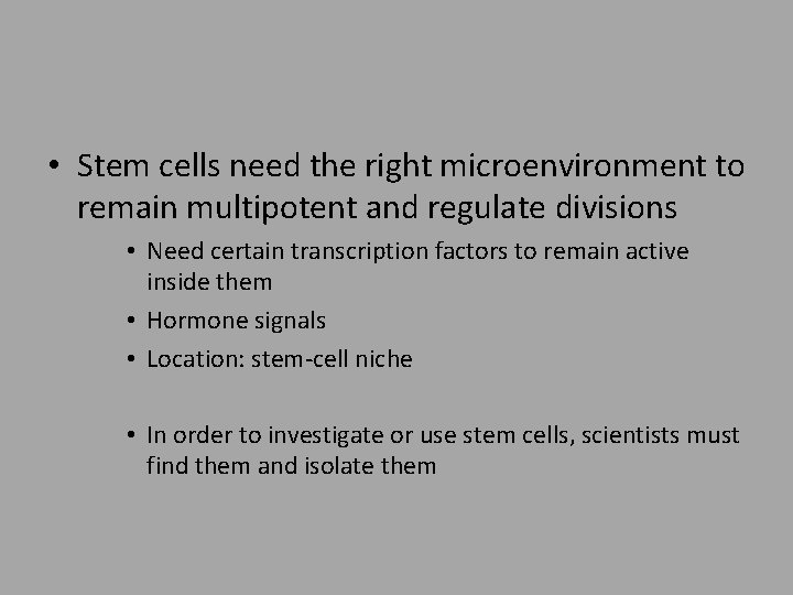 • Stem cells need the right microenvironment to remain multipotent and regulate divisions
