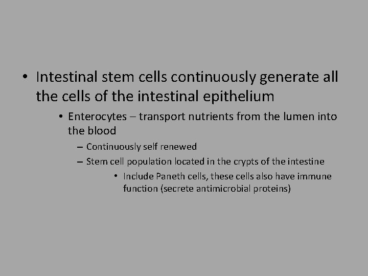  • Intestinal stem cells continuously generate all the cells of the intestinal epithelium