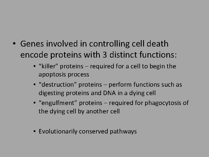  • Genes involved in controlling cell death encode proteins with 3 distinct functions: