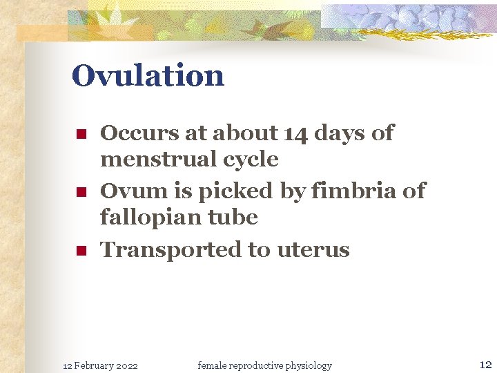 Ovulation n Occurs at about 14 days of menstrual cycle Ovum is picked by