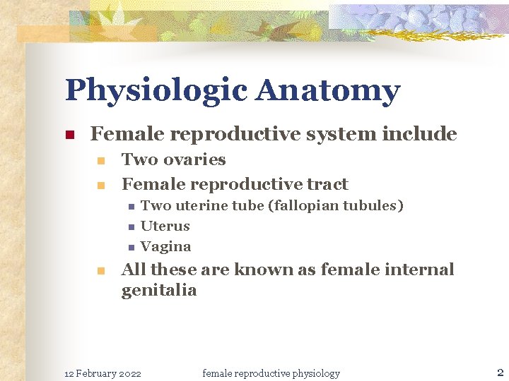 Physiologic Anatomy n Female reproductive system include n n Two ovaries Female reproductive tract