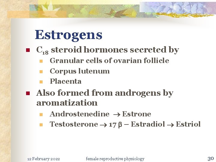 Estrogens n C 18 steroid hormones secreted by n n Granular cells of ovarian